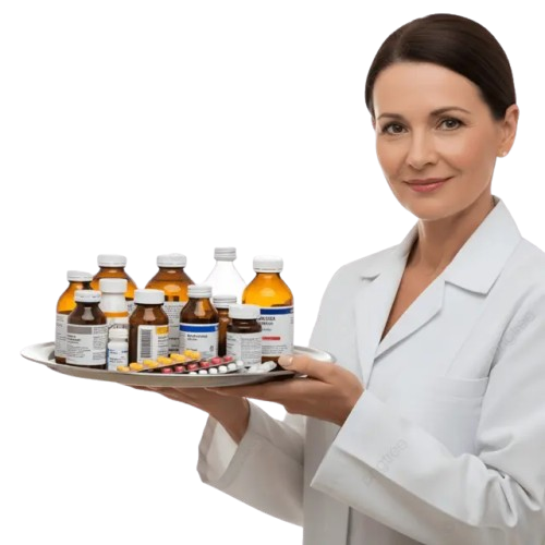 pngtree friendly female pharmacist in white coat holding a tray of assorted png image 18204798 removebg preview